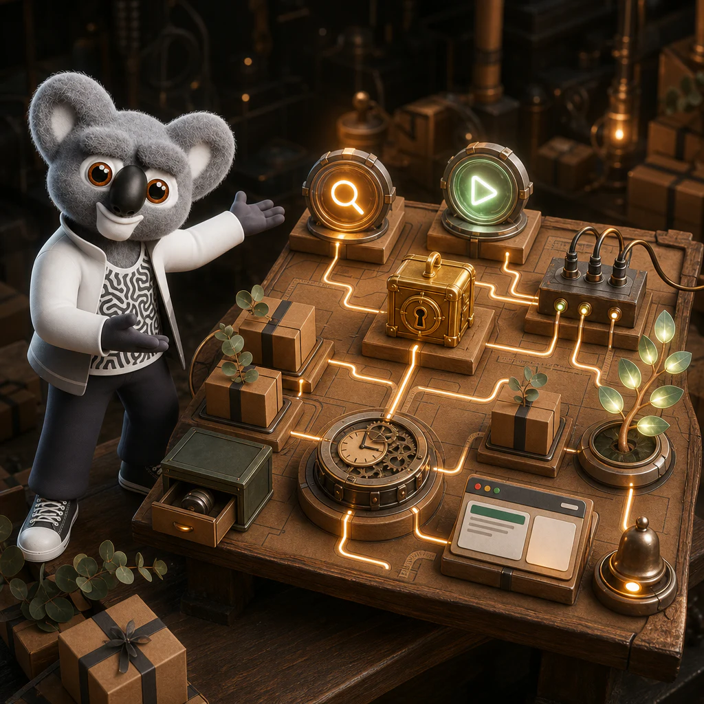 Kody, a 3D koala in a white jacket, presents a wooden factory board with a magnifying glass, a play button, a locked chest, and sprouting playbooks.